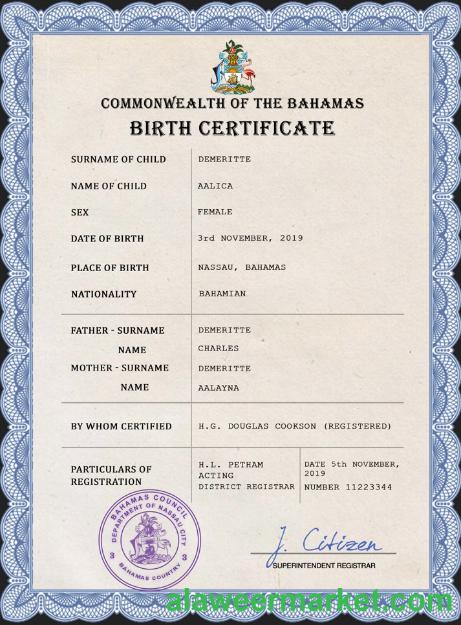 Bahamas vital record birth certificate PSD template